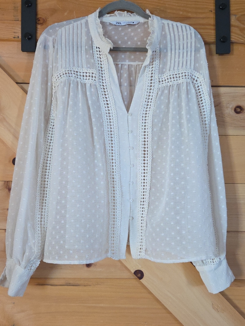 Zara Ivory Swiss Dot Lace-Trim Button Front Blouse